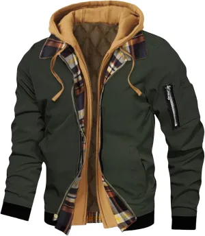 Men's Casual Jacket Hooded Thick Plus Size Solid Color Plaid Zipper Warm Coat Spring Autumn Winter