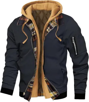 Men's Casual Jacket Hooded Thick Plus Size Solid Color Plaid Zipper Warm Coat Spring Autumn Winter