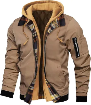 Men's Casual Jacket Hooded Thick Plus Size Solid Color Plaid Zipper Warm Coat Spring Autumn Winter
