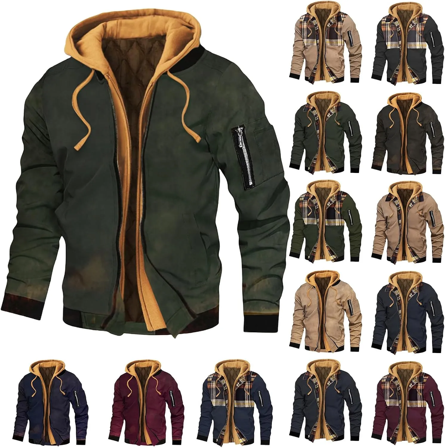 Men's Casual Jacket Hooded Thick Plus Size Solid Color Plaid Zipper Warm Coat Spring Autumn Winter