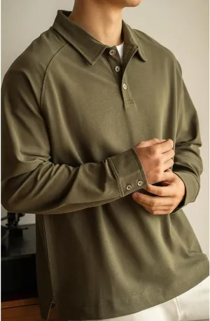 Men's Casual Polo Shirts Fashion Button Up Collared Long Sleeve Loose T Shirts,Green,L