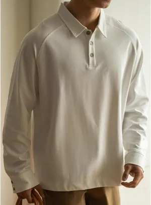 Men's Casual Polo Shirts Fashion Button Up Collared Long Sleeve Loose T Shirts,White,3XL