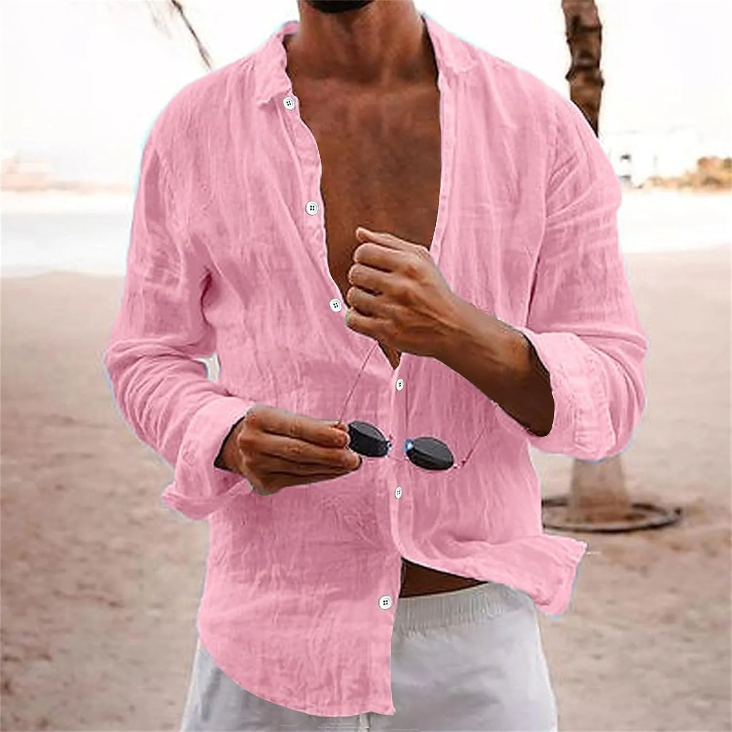 Men's Cotton Linen Long Sleeve Shirt V Neck Casual Button Down Blouse Solid Color Loose Tops Comfy Lightweight Tee