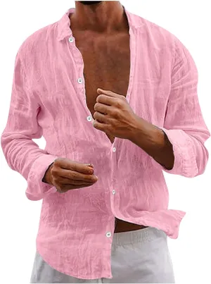Men's Cotton Linen Long Sleeve Shirt V Neck Casual Button Down Blouse Solid Color Loose Tops Comfy Lightweight Tee
