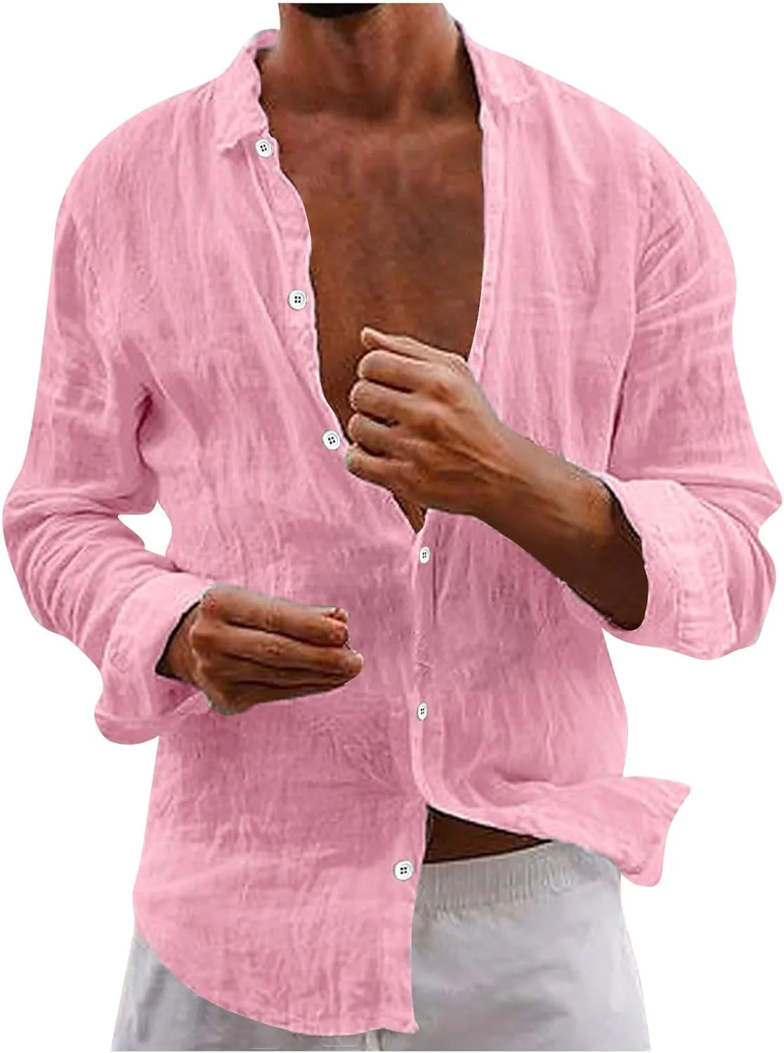 Men's Cotton Linen Long Sleeve Shirt V Neck Casual Button Down Blouse Solid Color Loose Tops Comfy Lightweight Tee