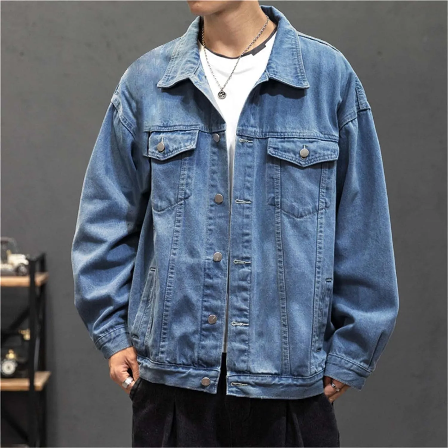 Mens Fashion Denim Jackets Casual Loose Fit Button Down Denim Trucker Jackets Long Sleeve Distressed Cowboys Jacket