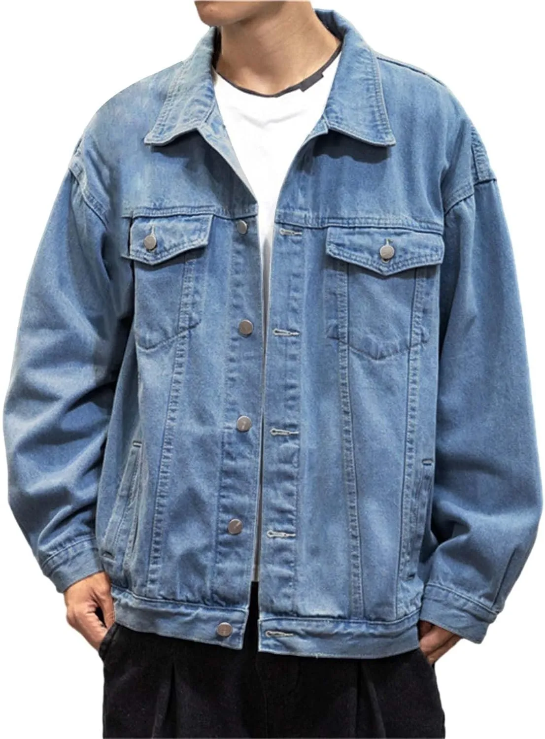 Mens Fashion Denim Jackets Casual Loose Fit Button Down Denim Trucker Jackets Long Sleeve Distressed Cowboys Jacket