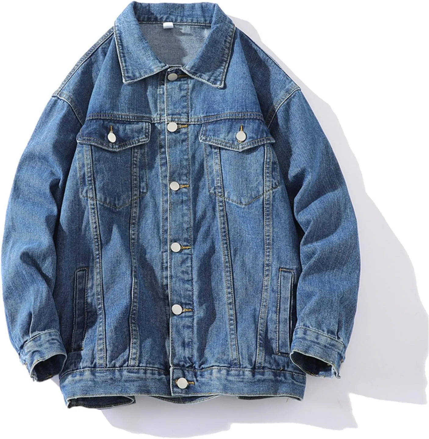 Mens Fashion Denim Jackets Casual Loose Fit Button Down Denim Trucker Jackets Long Sleeve Distressed Cowboys Jacket