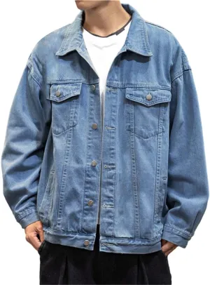 Mens Fashion Denim Jackets Casual Loose Fit Button Down Denim Trucker Jackets Long Sleeve Distressed Cowboys Jacket