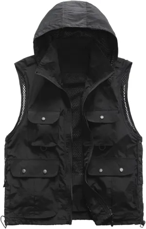 Men's Fishing Vests Outdoor Work Quick-Dry Hunting Zip Reversible Travel Hooded Vest Jackets with Multi Pockets