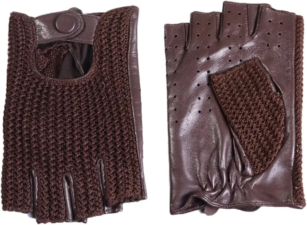 Men's Genuine Leather Unlined Retro Snap-Fastener Fingerless Semi-Finger Tactical Driving Riding Punk Rock Short Gloves Dark Brown L