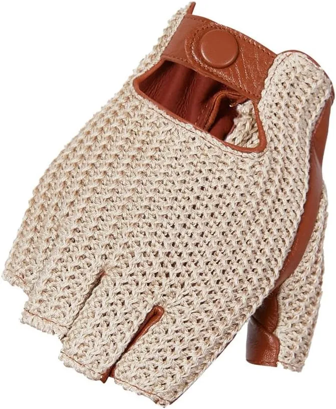 Men's Genuine Leather Unlined Retro Snap-Fastener Fingerless Semi-Finger Tactical Driving Riding Punk Rock Short Gloves Dark Brown L