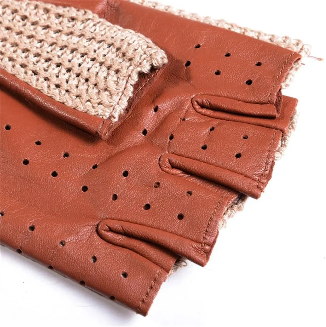 Men's Genuine Leather Unlined Retro Snap-Fastener Fingerless Semi-Finger Tactical Driving Riding Punk Rock Short Gloves Dark Brown L