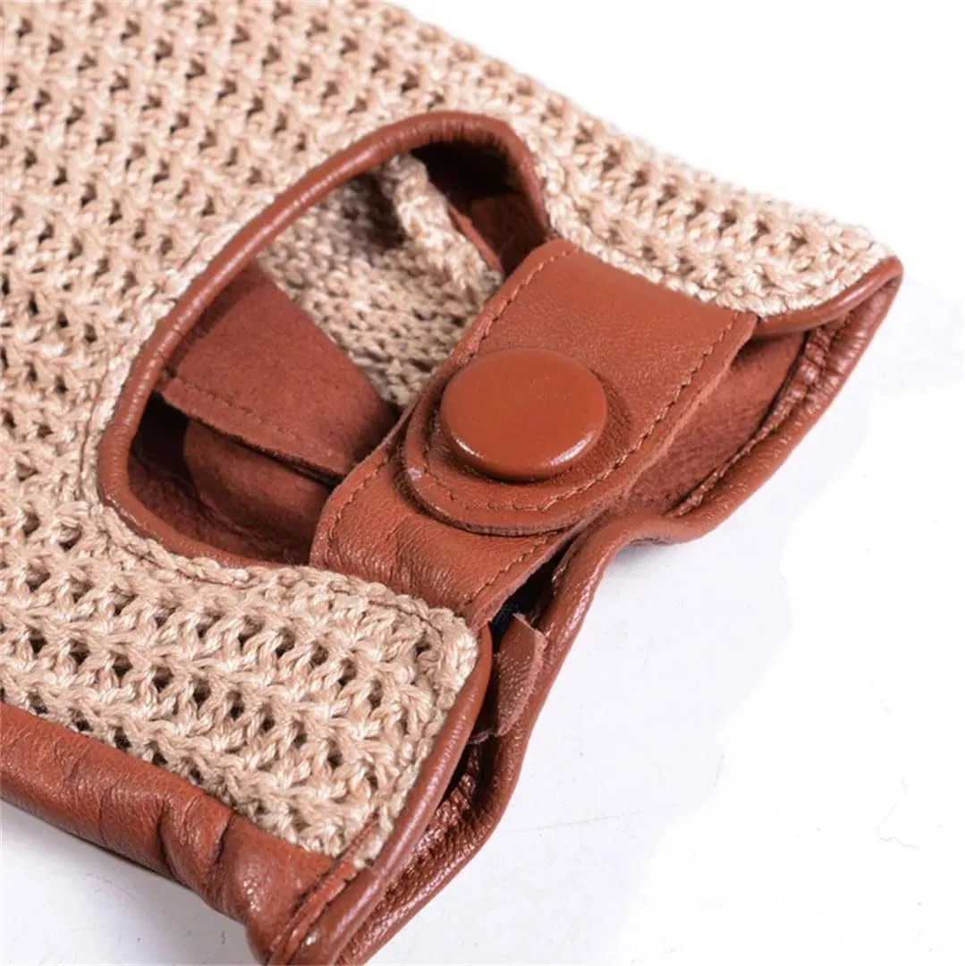 Men's Genuine Leather Unlined Retro Snap-Fastener Fingerless Semi-Finger Tactical Driving Riding Punk Rock Short Gloves Dark Brown L