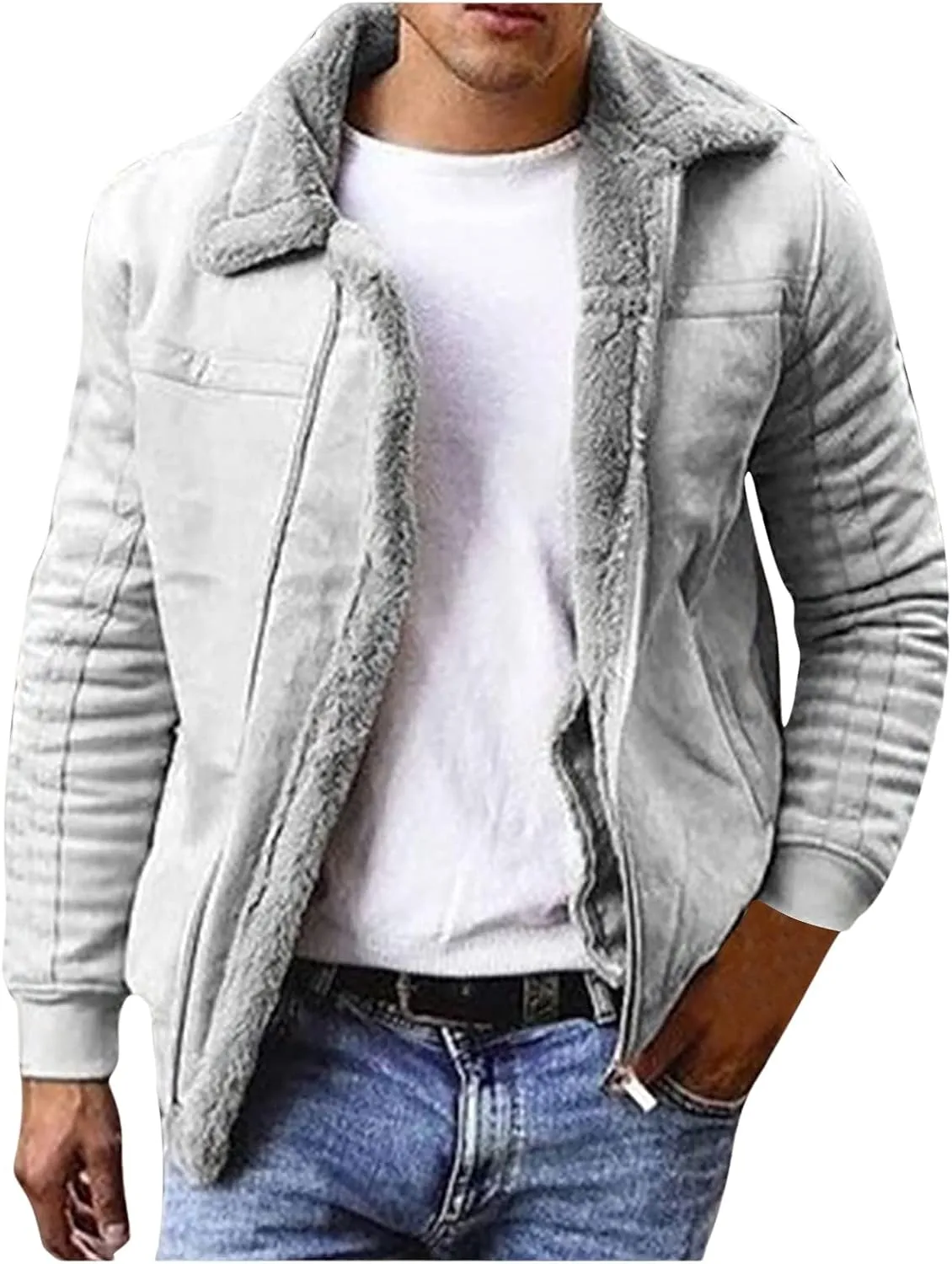 Mens Heavyweight Wool Bomber Jackets Faux Leather Sherpa Lined Vintage Motorcycle Stand Collar Jacket with Pockets