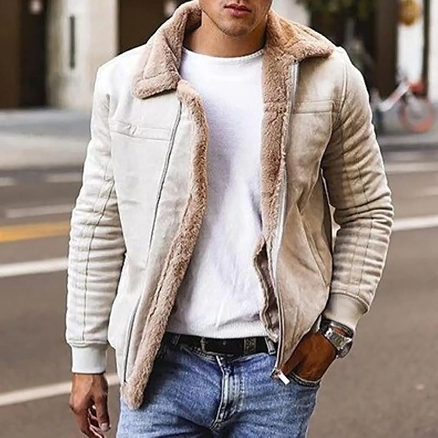Mens Heavyweight Wool Bomber Jackets Faux Leather Sherpa Lined Vintage Motorcycle Stand Collar Jacket with Pockets