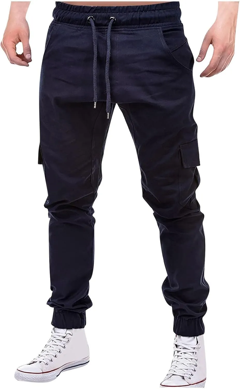Mens Joggers Cargo Pants Drawstring Stretch Tapered Pants Solid Color Casual Trousers Outdoor Hiking Athletic Trouser