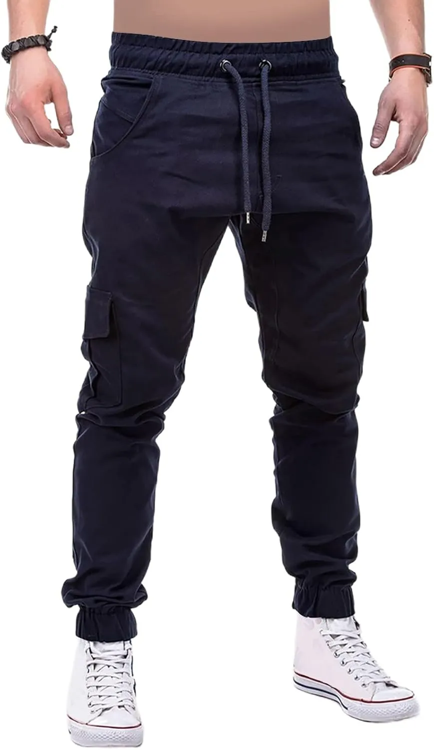 Mens Joggers Cargo Pants Drawstring Stretch Tapered Pants Solid Color Casual Trousers Outdoor Hiking Athletic Trouser