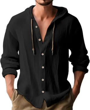 Mens Long Sleeve Linen Shirts Hooded V Neck Button Up Hoodies Casual Vacation Hawaiian Beach Yoga Hippie Shirts