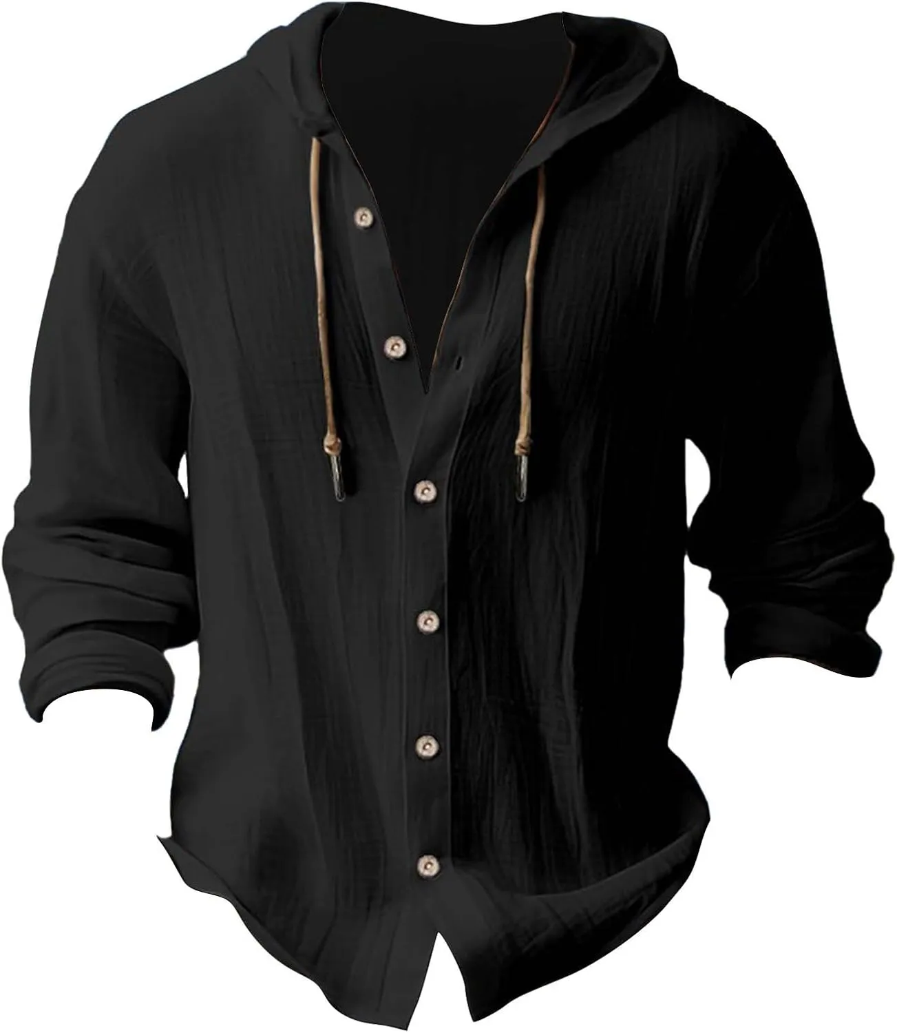 Mens Long Sleeve Linen Shirts Hooded V Neck Button Up Hoodies Casual Vacation Hawaiian Beach Yoga Hippie Shirts
