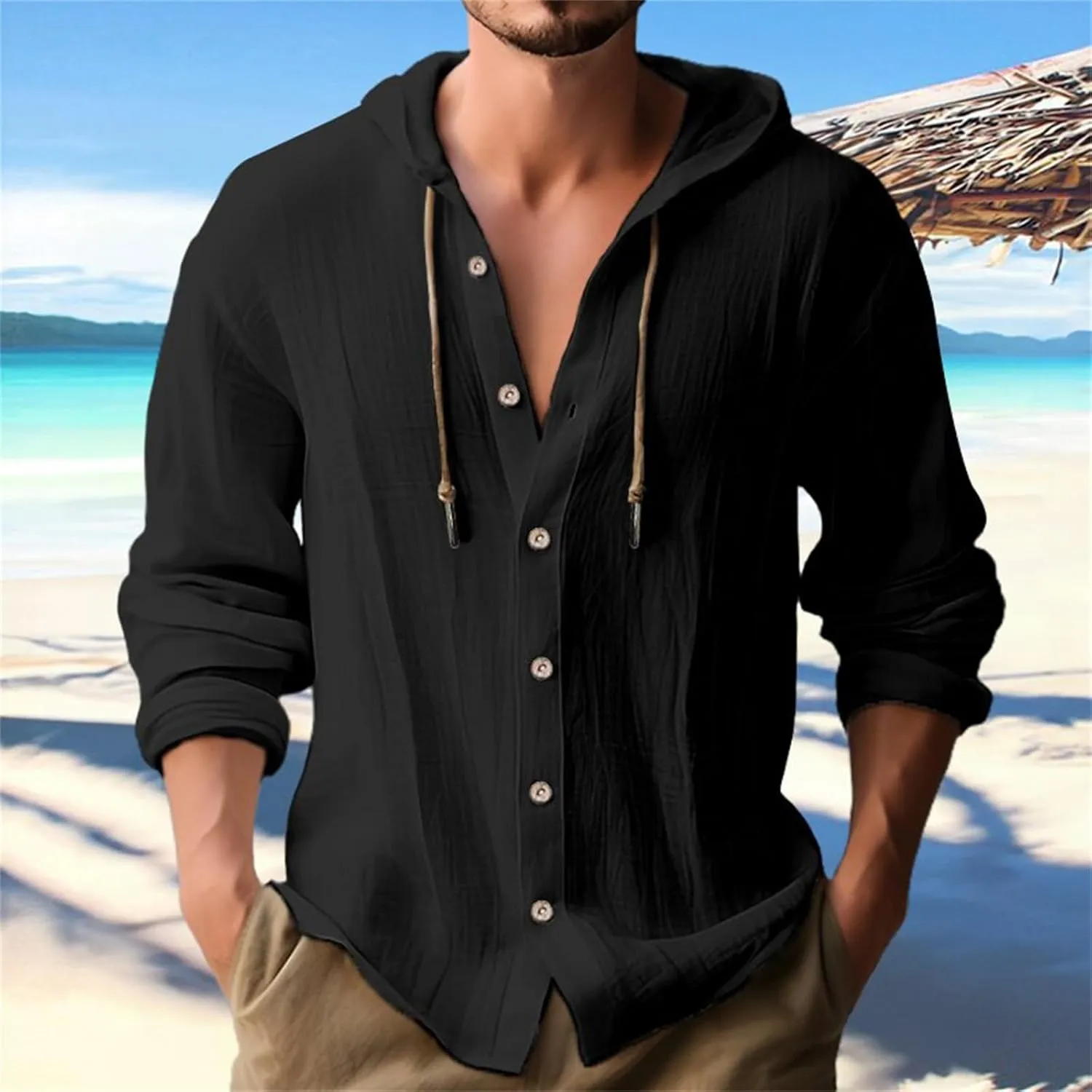 Mens Long Sleeve Linen Shirts Hooded V Neck Button Up Hoodies Casual Vacation Hawaiian Beach Yoga Hippie Shirts