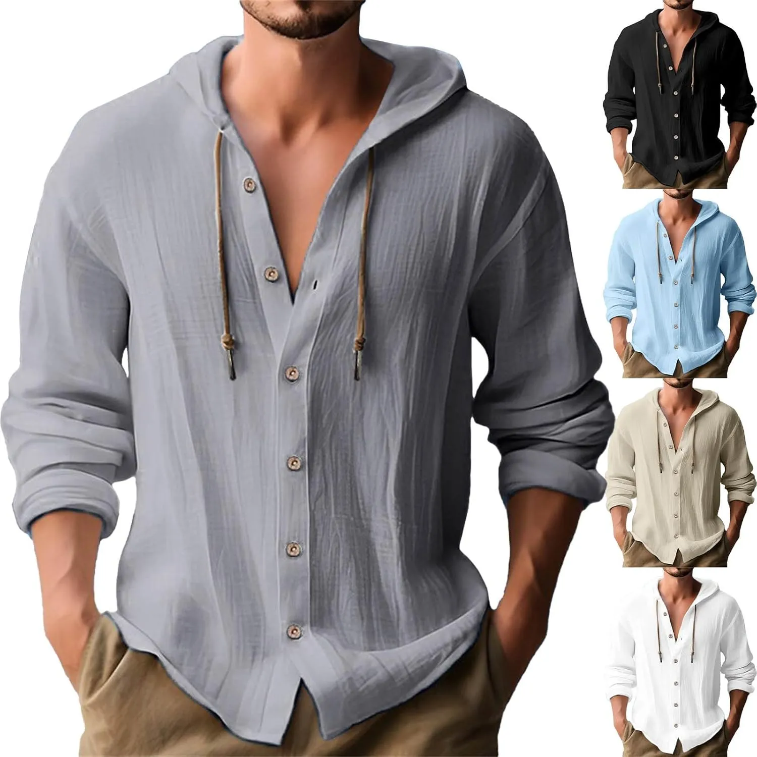Mens Long Sleeve Linen Shirts Hooded V Neck Button Up Hoodies Casual Vacation Hawaiian Beach Yoga Hippie Shirts