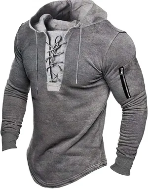 Mens Long Sleeve Tactical Hoodies Sweatshirts Outdoor Military Distressed Retro Lace Up Gym Athletic Hooded Pullover