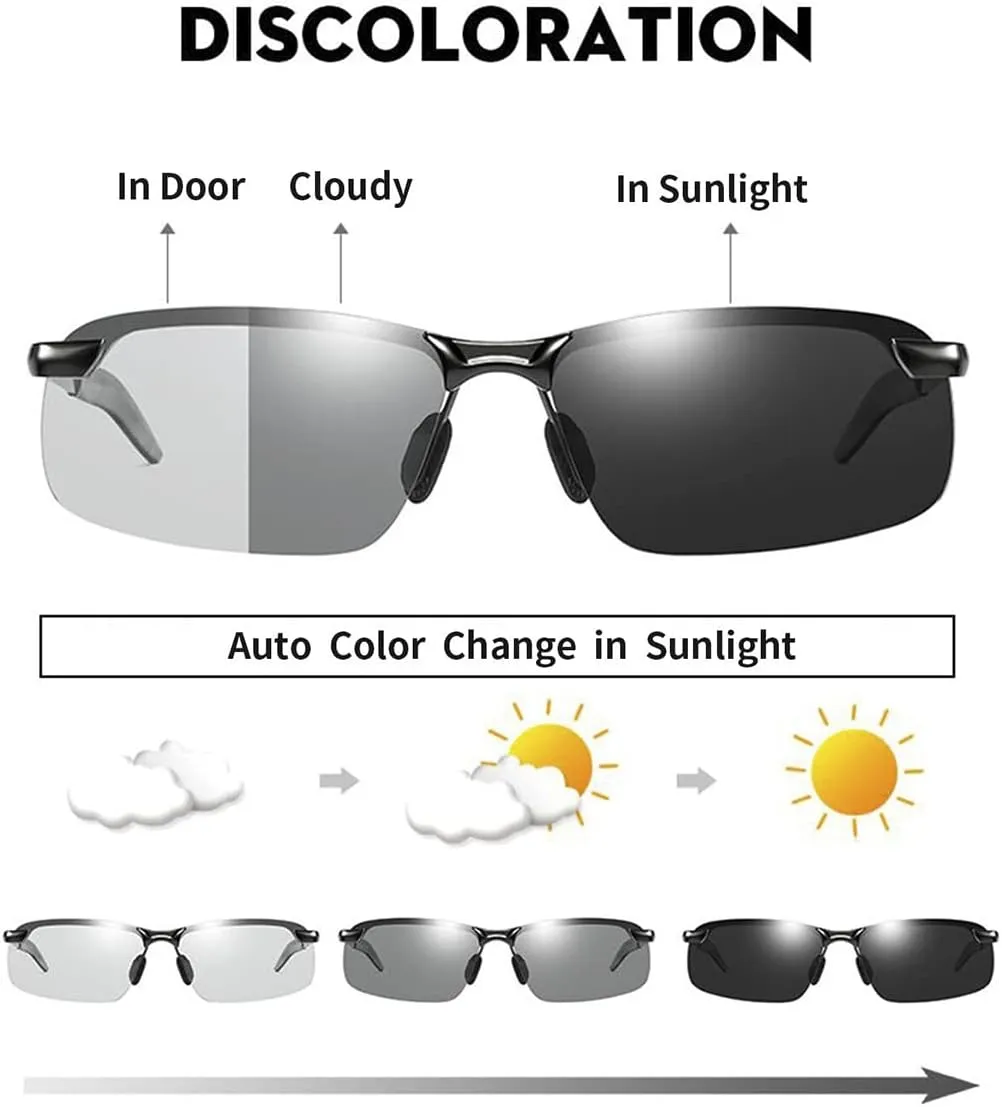 Men's Photochromic Polarized Sunglasses Al-Mg Metal Frame Sports Driving Glasses UV400 Protection Anti Glare Eyewear