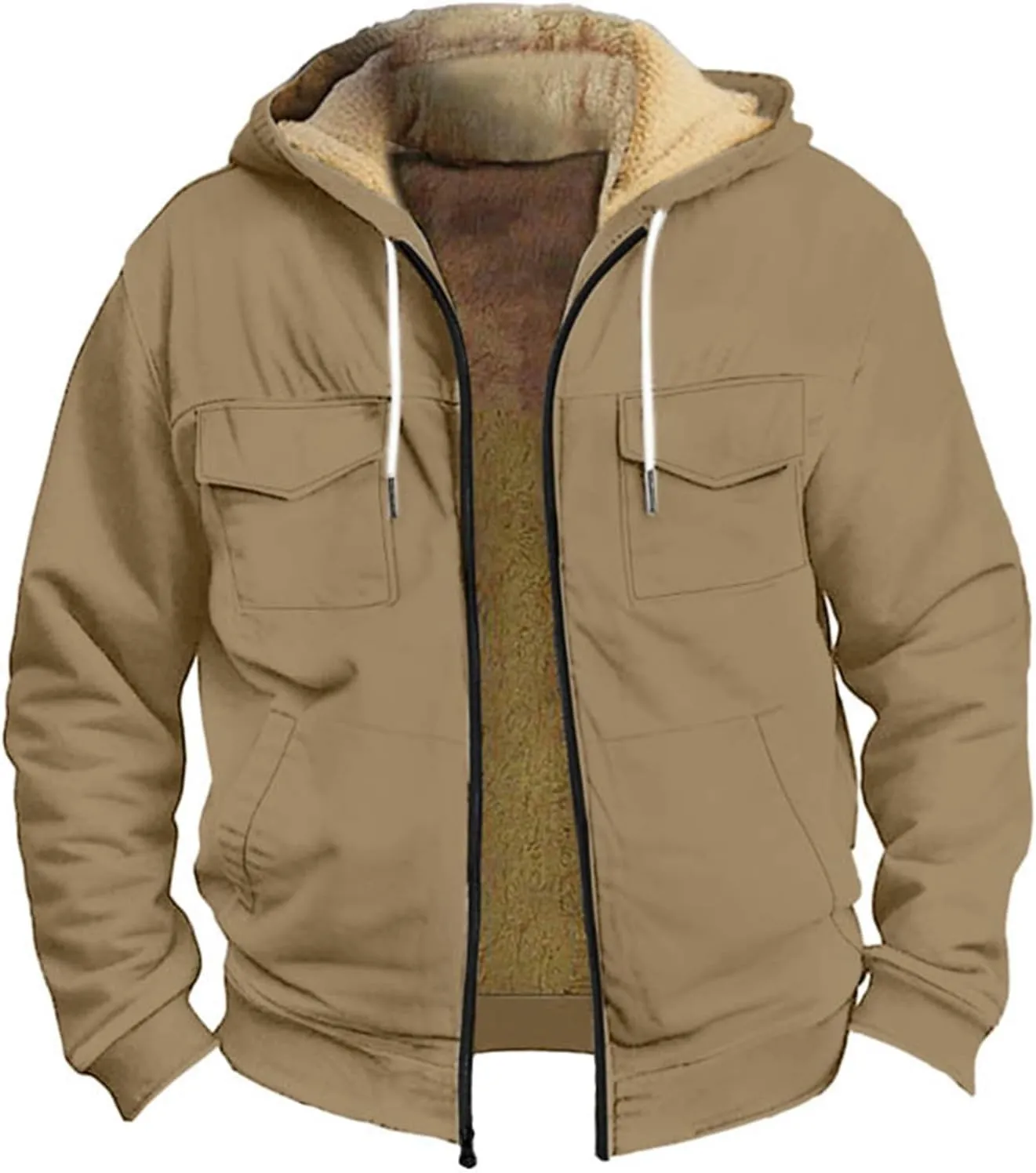 Men's Sherpa Fleece Lined Jackets Winter Warm Thick Zip Big and Tall Sherpa Lined Pullover Drawstring Coats Outwear