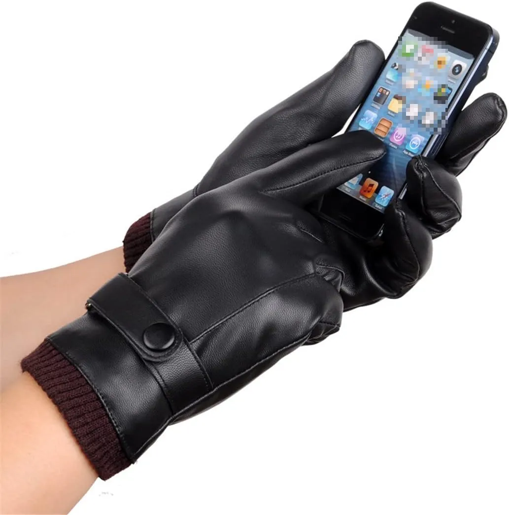 Men's Winter Black Mittens Keep Warm Touch Screen Windproof Driving Gloves Autumn PU Leather Business Gloves