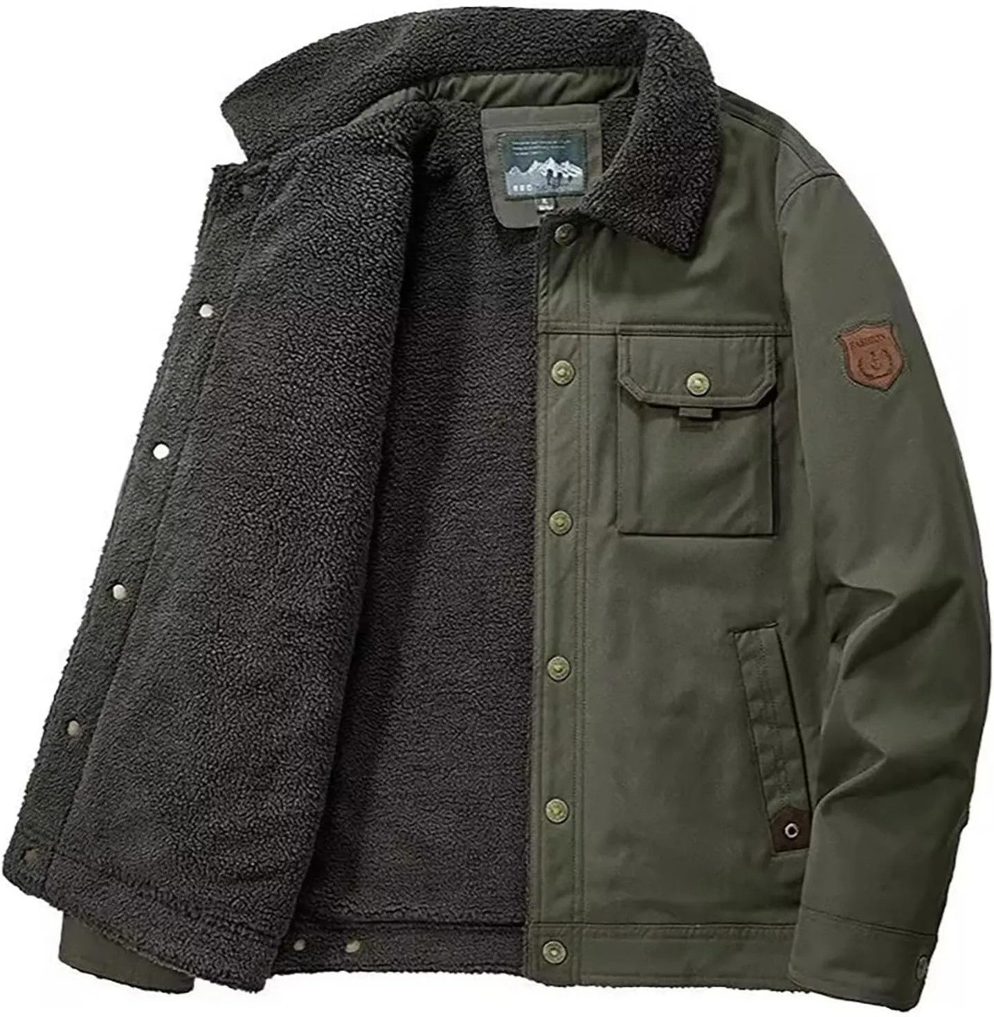 Mens Winter Cargo Bomber Jacket Sherpa Fleece Lined Lapel Button Down Trucker Jackets Thick Warm Work Coats Outerwear