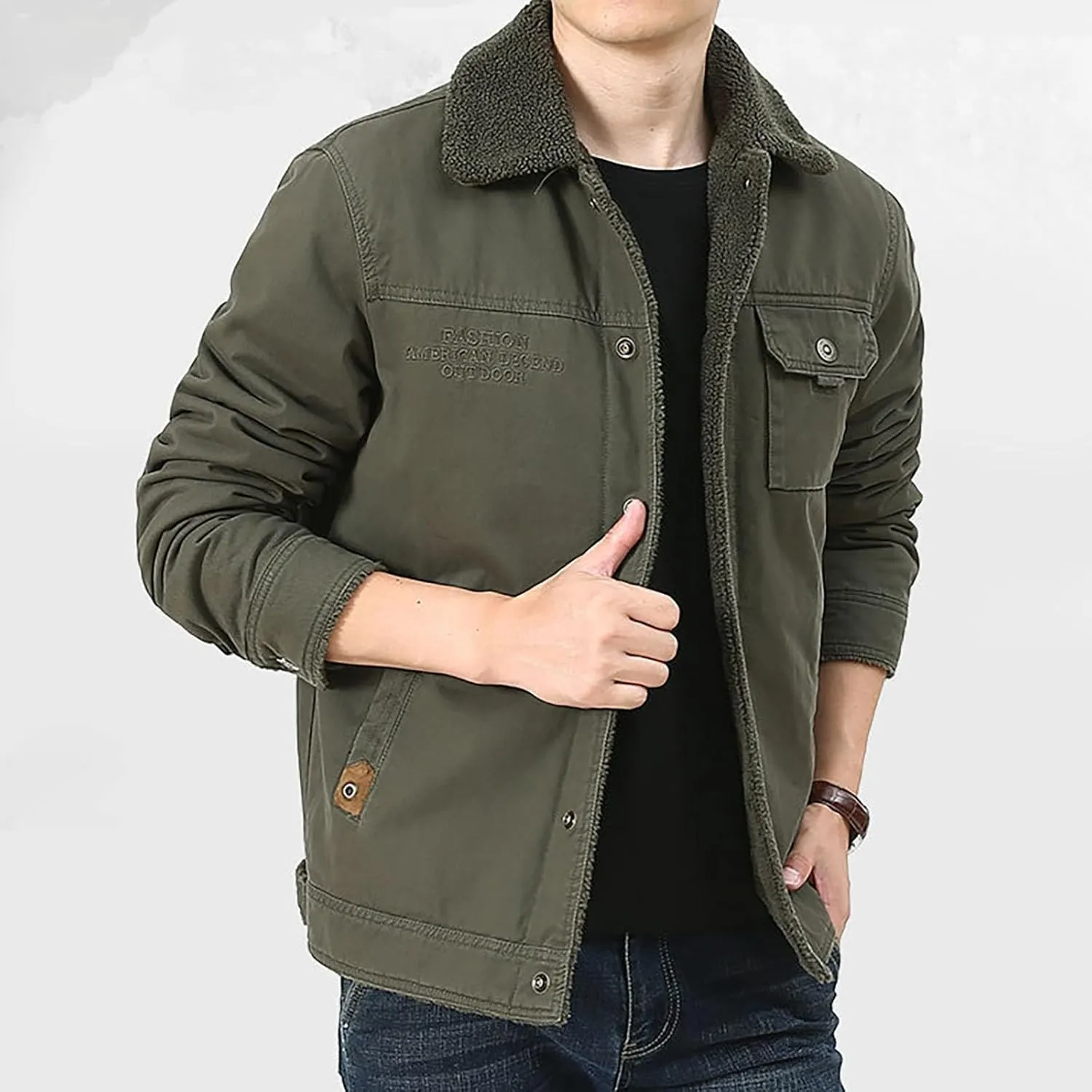 Mens Winter Cargo Bomber Jacket Sherpa Fleece Lined Lapel Button Down Trucker Jackets Thick Warm Work Coats Outerwear