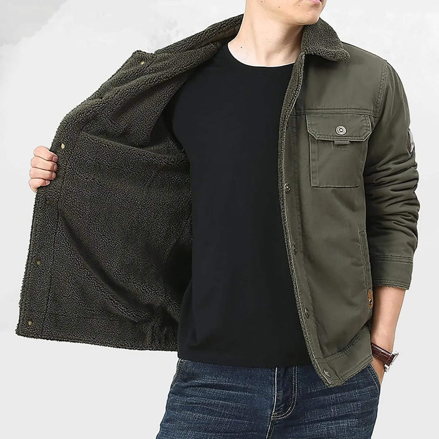 Mens Winter Cargo Bomber Jacket Sherpa Fleece Lined Lapel Button Down Trucker Jackets Thick Warm Work Coats Outerwear