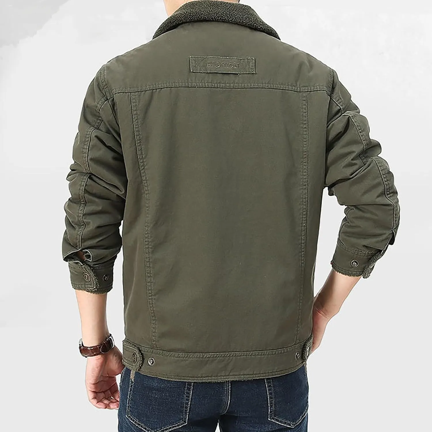 Mens Winter Cargo Bomber Jacket Sherpa Fleece Lined Lapel Button Down Trucker Jackets Thick Warm Work Coats Outerwear