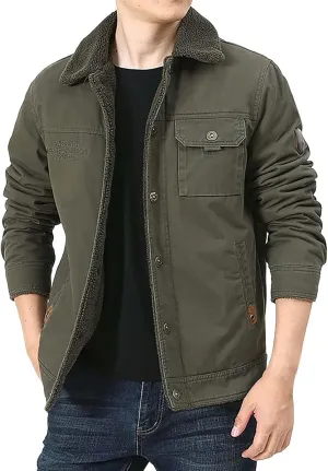 Mens Winter Cargo Bomber Jacket Sherpa Fleece Lined Lapel Button Down Trucker Jackets Thick Warm Work Coats Outerwear