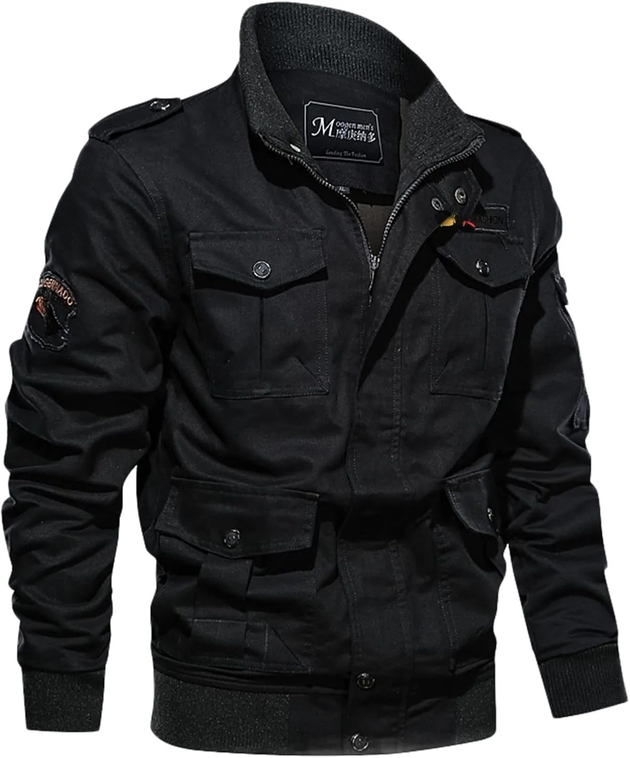 Mens Winter Cotton Military Jacket Zip Up Stand Collar Thick Cargo Jacket Fleece Lined Sherpa Multi-Pocket Work Jacket