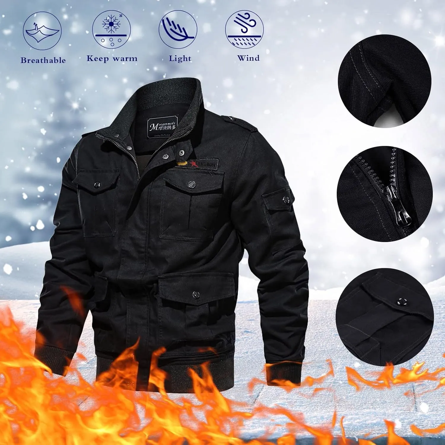 Mens Winter Cotton Military Jacket Zip Up Stand Collar Thick Cargo Jacket Fleece Lined Sherpa Multi-Pocket Work Jacket
