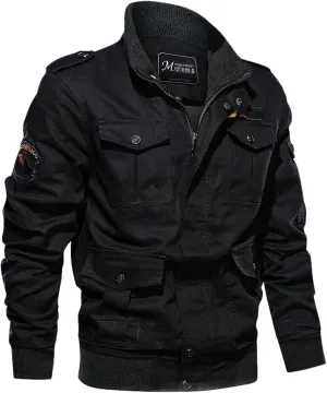 Mens Winter Cotton Military Jacket Zip Up Stand Collar Thick Cargo Jacket Fleece Lined Sherpa Multi-Pocket Work Jacket