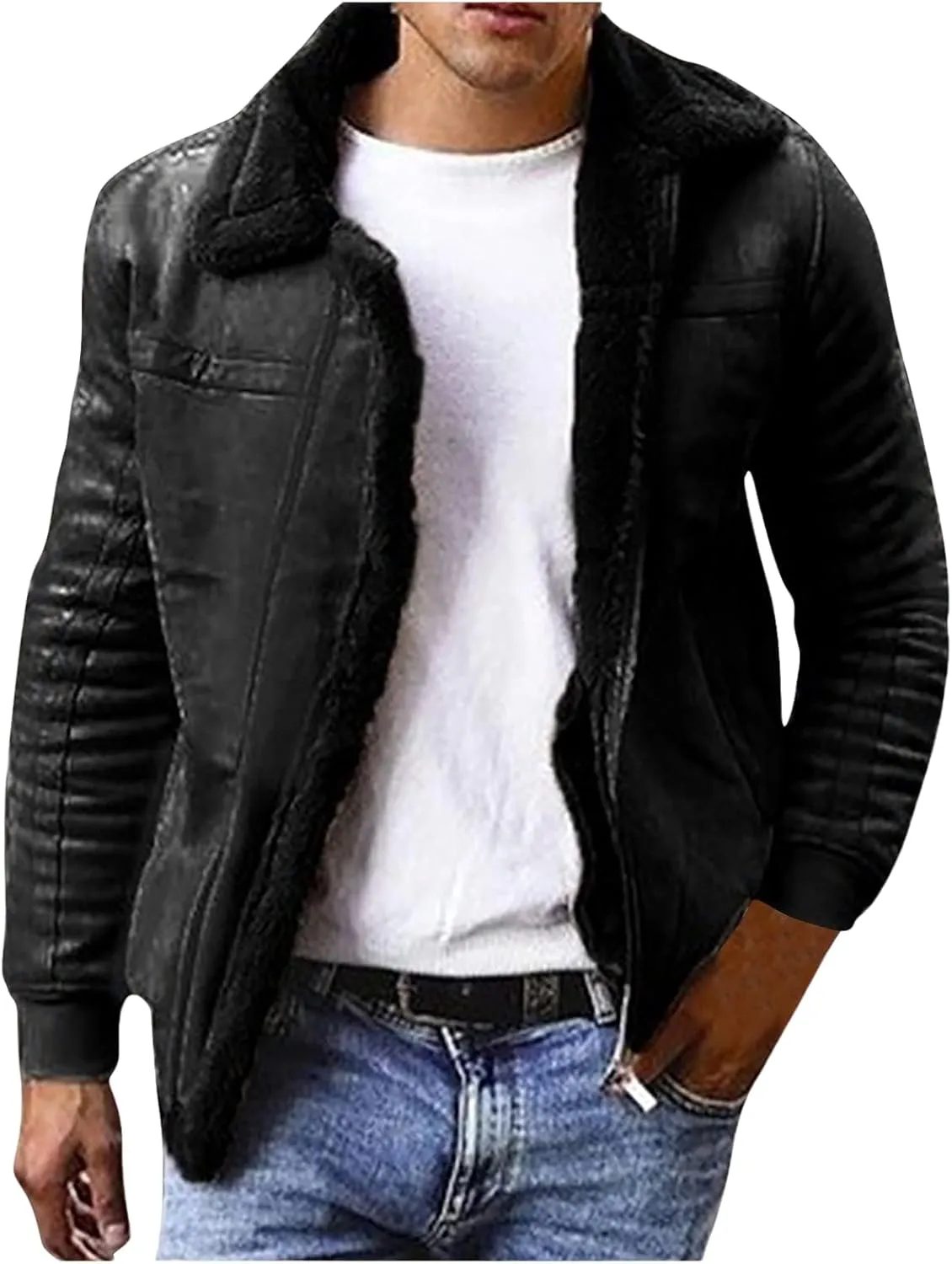 Men's Winter Sherpa Fleece Lined Jacket Faux Suede Leather Lapel Zip Up Thickened Coat Outwear with Pockets