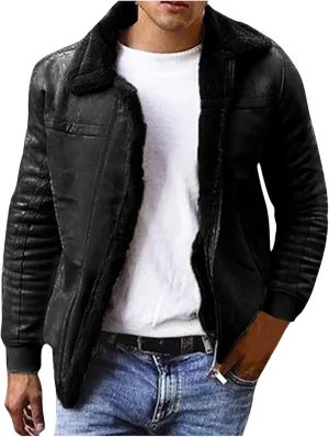 Men's Winter Sherpa Fleece Lined Jacket Faux Suede Leather Lapel Zip Up Thickened Coat Outwear with Pockets