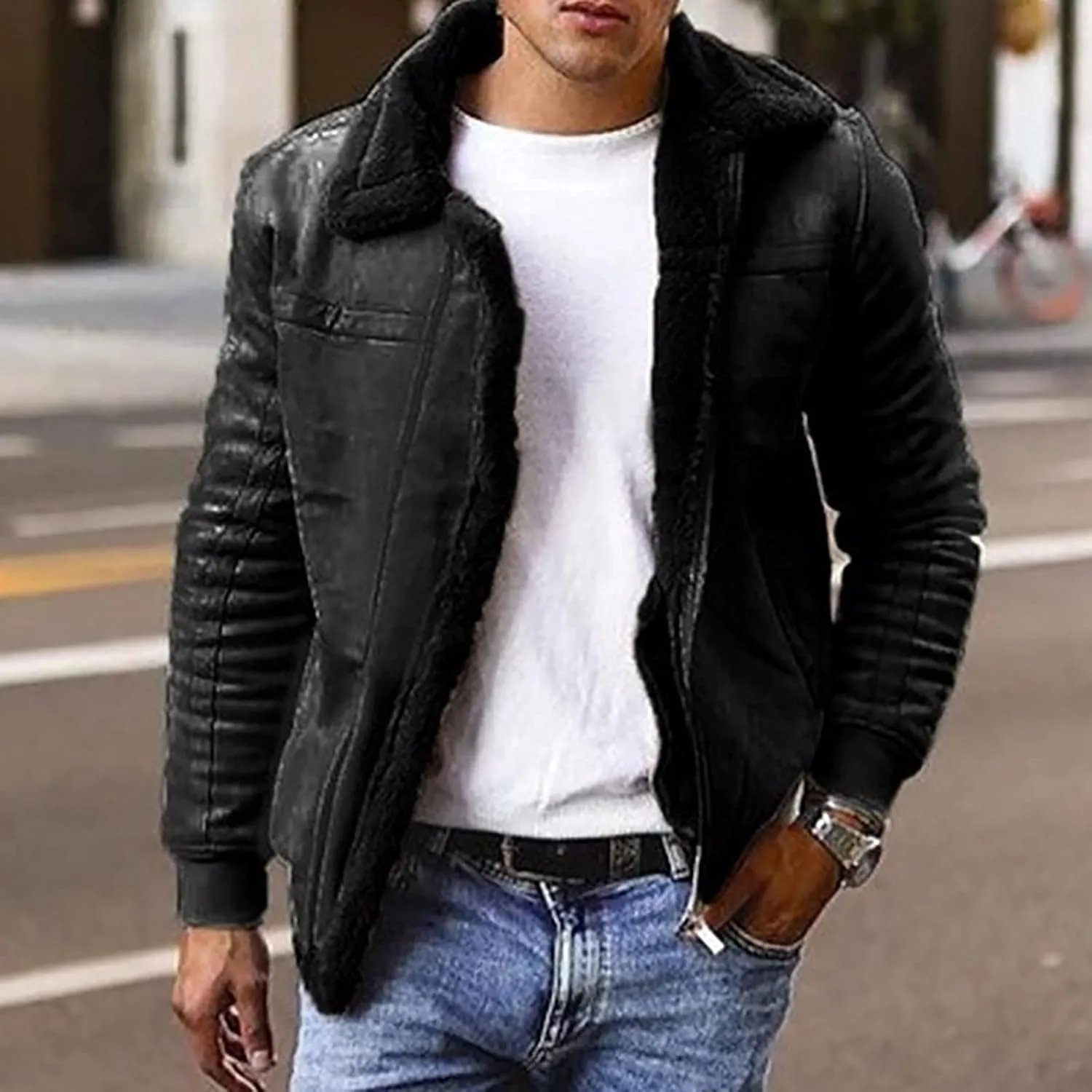 Men's Winter Sherpa Fleece Lined Jacket Faux Suede Leather Lapel Zip Up Thickened Coat Outwear with Pockets