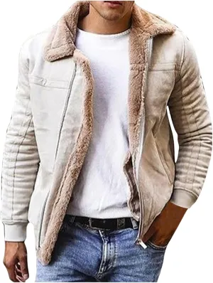 Men's Winter Sherpa Fleece Lined Jacket Faux Suede Leather Lapel Zip Up Thickened Coat Outwear with Pockets