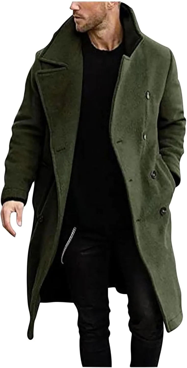 Men's Woolen Pea Coat Slim Fit Double Breasted Winter Wool Trench Coats Business Down Jacket Notch Lapel Office Overcoats