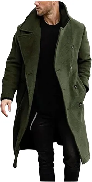 Men's Woolen Pea Coat Slim Fit Double Breasted Winter Wool Trench Coats Business Down Jacket Notch Lapel Office Overcoats