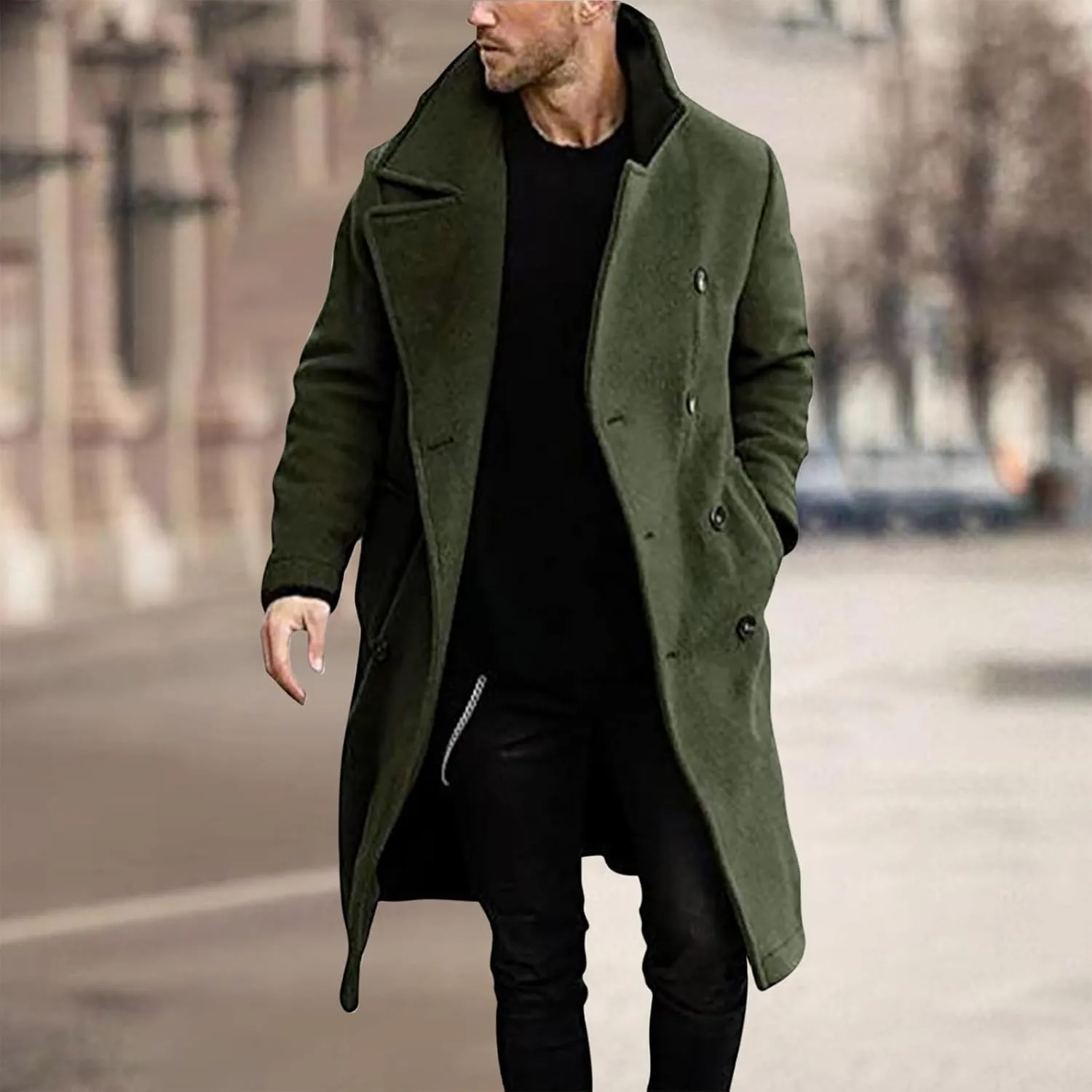 Men's Woolen Pea Coat Slim Fit Double Breasted Winter Wool Trench Coats Business Down Jacket Notch Lapel Office Overcoats
