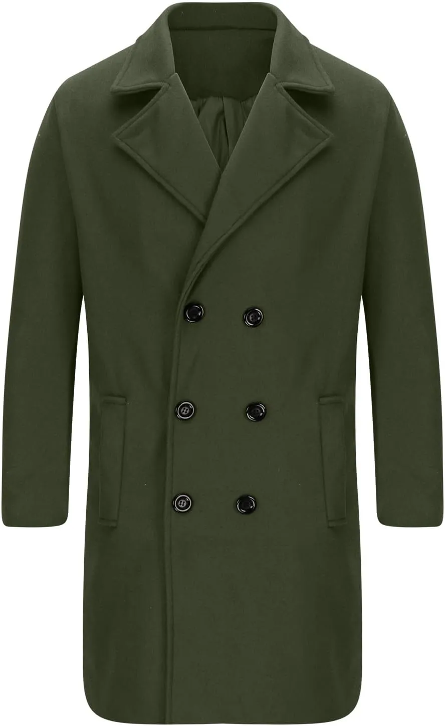 Men's Woolen Pea Coat Slim Fit Double Breasted Winter Wool Trench Coats Business Down Jacket Notch Lapel Office Overcoats