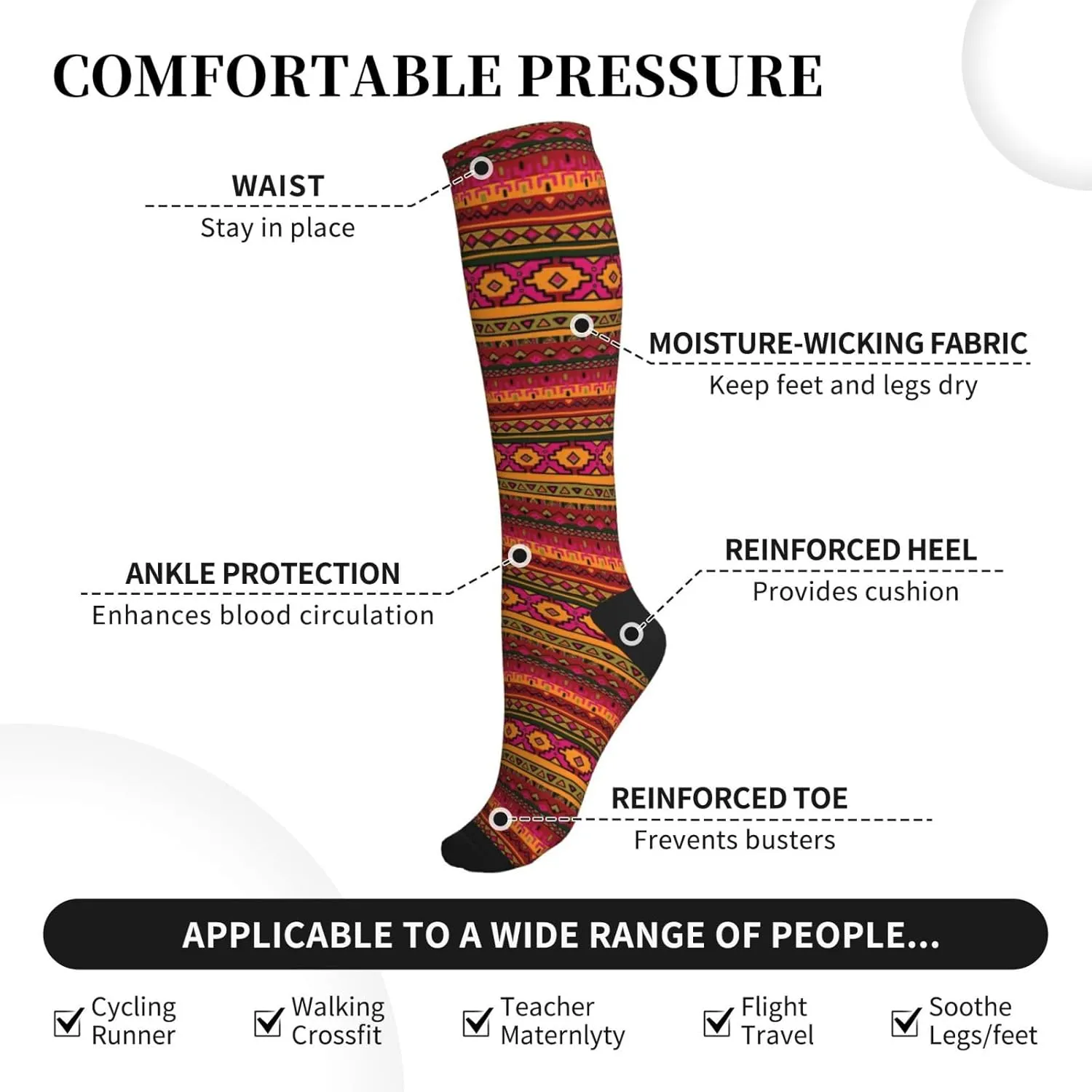 Mexican Folk Art Boho Print Circulation Compression Socks For Plantar Fasciitis Edema And Post Surgery