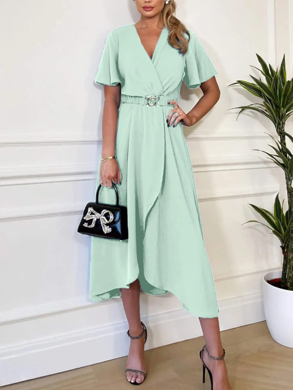 Miessial Womens Wrap Dress V Neck Summer Midi Dress Short Sleeve Casual Office Wear with Belt