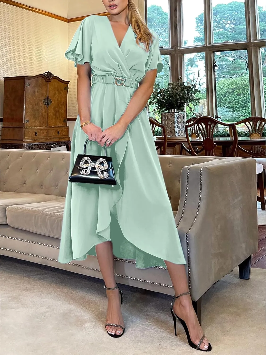 Miessial Womens Wrap Dress V Neck Summer Midi Dress Short Sleeve Casual Office Wear with Belt