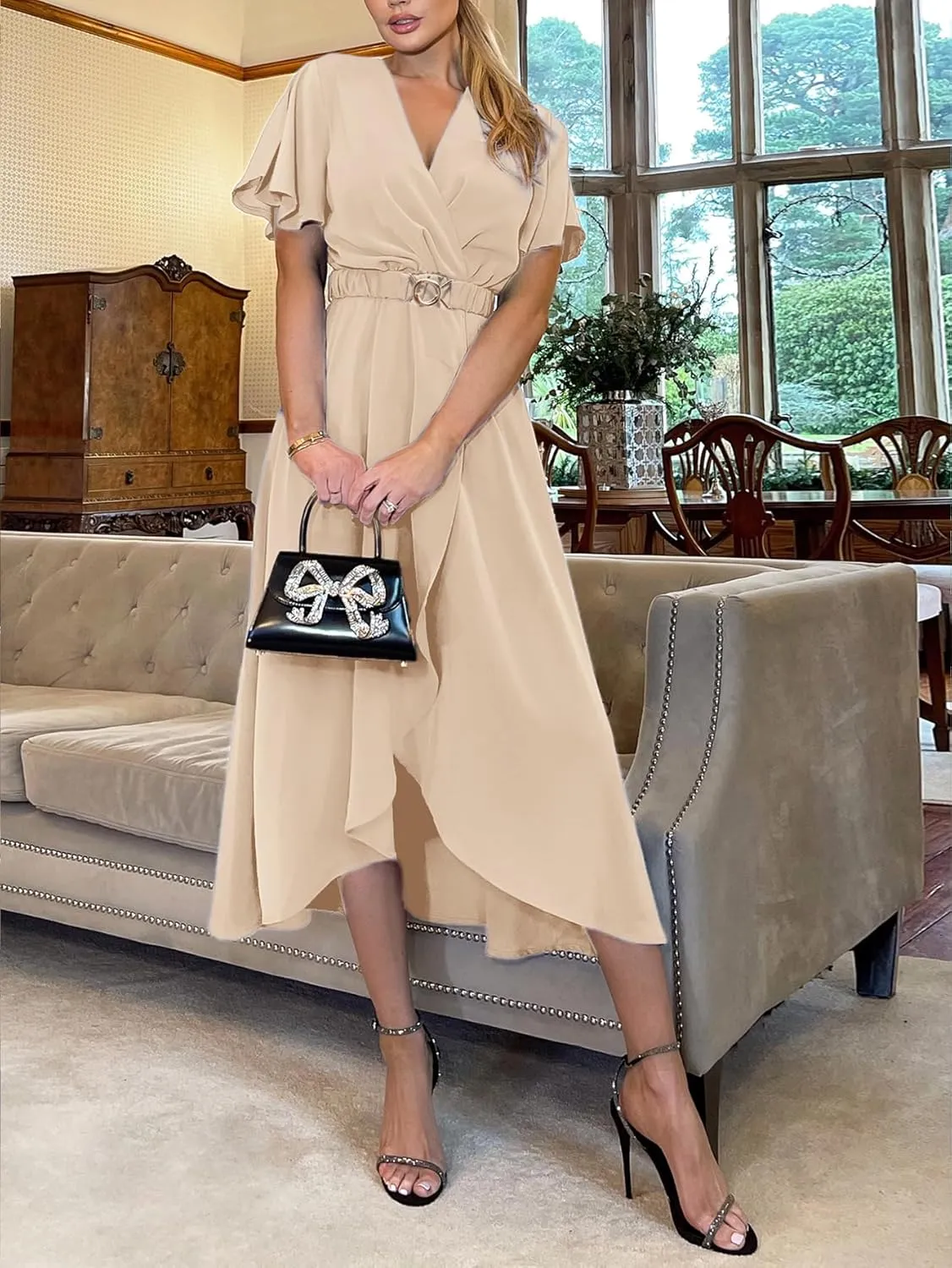 Miessial Womens Wrap Dress V Neck Summer Midi Dress Short Sleeve Casual Office Wear with Belt